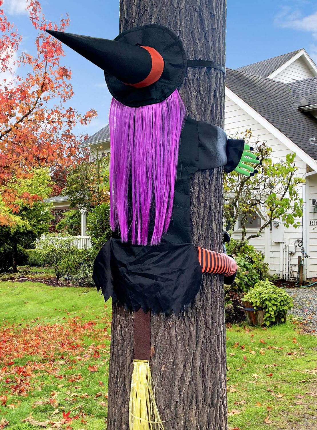 (53.5 Inch Tall) Life Size Witch Crashing Into Tree Door Column Outdoor Halloween Decoration, Funny Halloween Witch Ornaments Decor