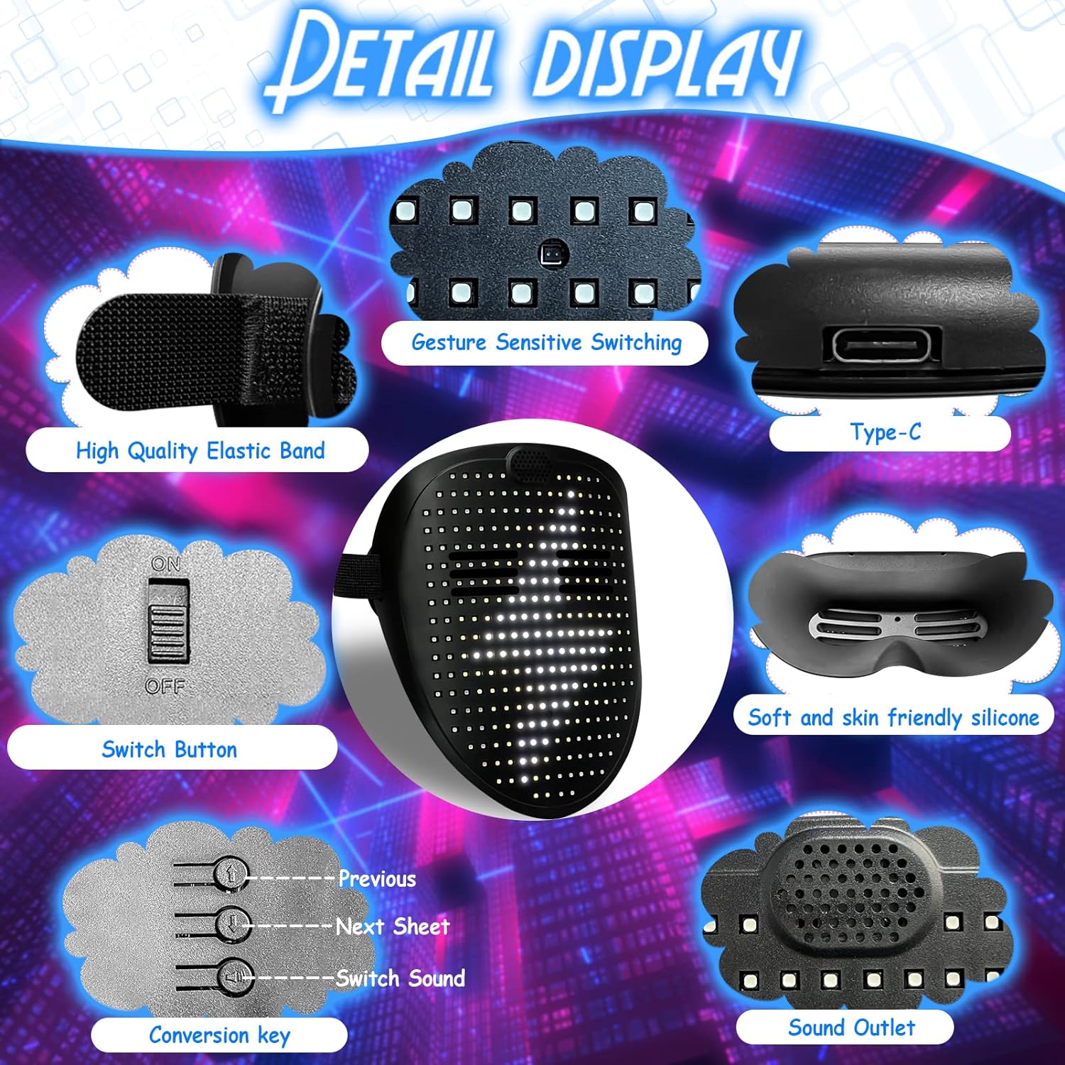 Depointer Life Led Mask with Gesture Sensing, LED Lighted Face Transforming Mask for Costume Cosplay Party Masquerade