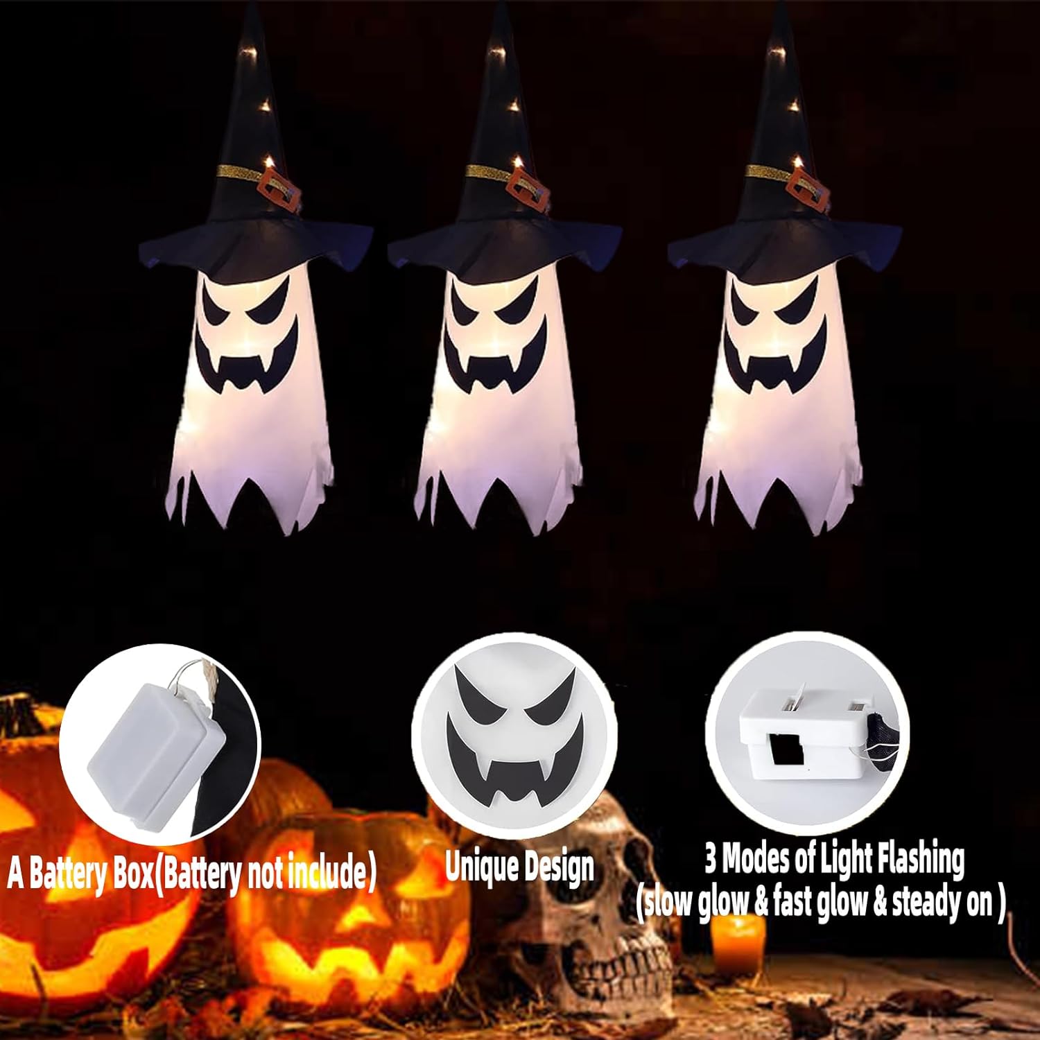 Halloween Decorations, 6PCS Hanging Halloween Lighted Glowing Ghost Witch Hat Halloween Decorations Indoor Outdoor Ornaments Halloween Decor for Halloween Party Tree Home Outdoor Yard Garden (6pcs)