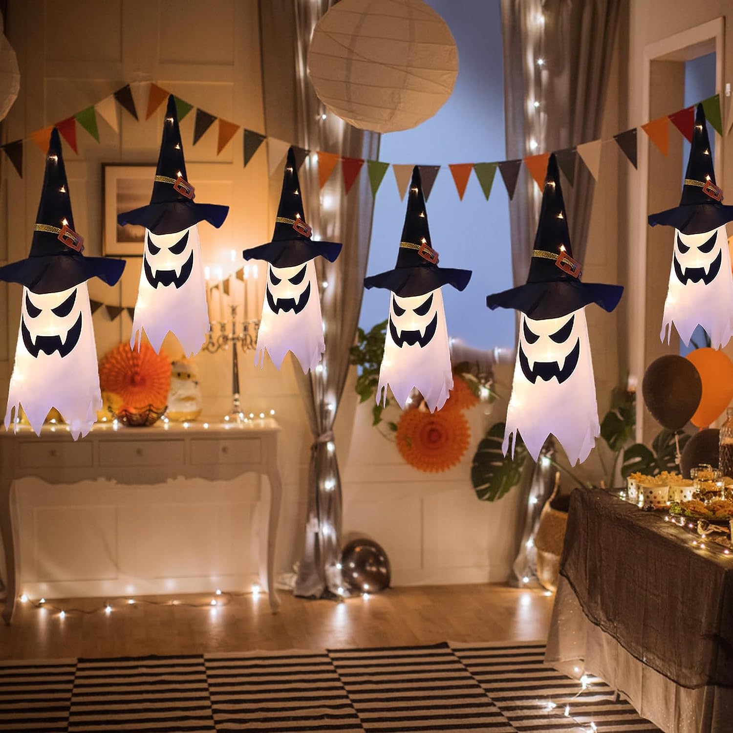 Halloween Decorations, 6PCS Hanging Halloween Lighted Glowing Ghost Witch Hat Halloween Decorations Indoor Outdoor Ornaments Halloween Decor for Halloween Party Tree Home Outdoor Yard Garden (6pcs)