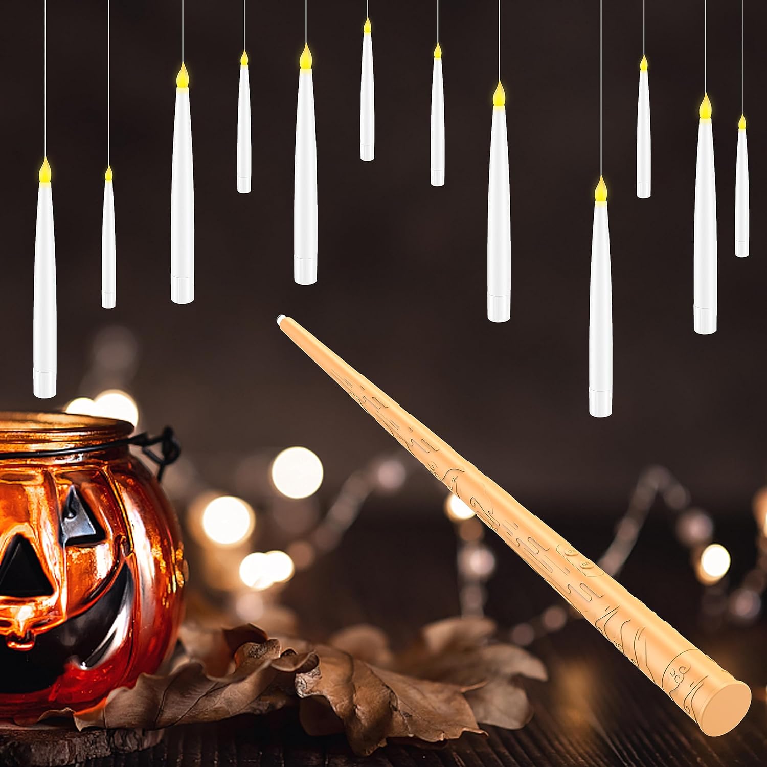 Halloween Decorations, Floating Candles with Magic Wand Remote, 6.6 Flameless Candles Battery Operated Hanging Window Candles, Flickering Electric LED Candles for Christmas Halloween Decor (12 pack)