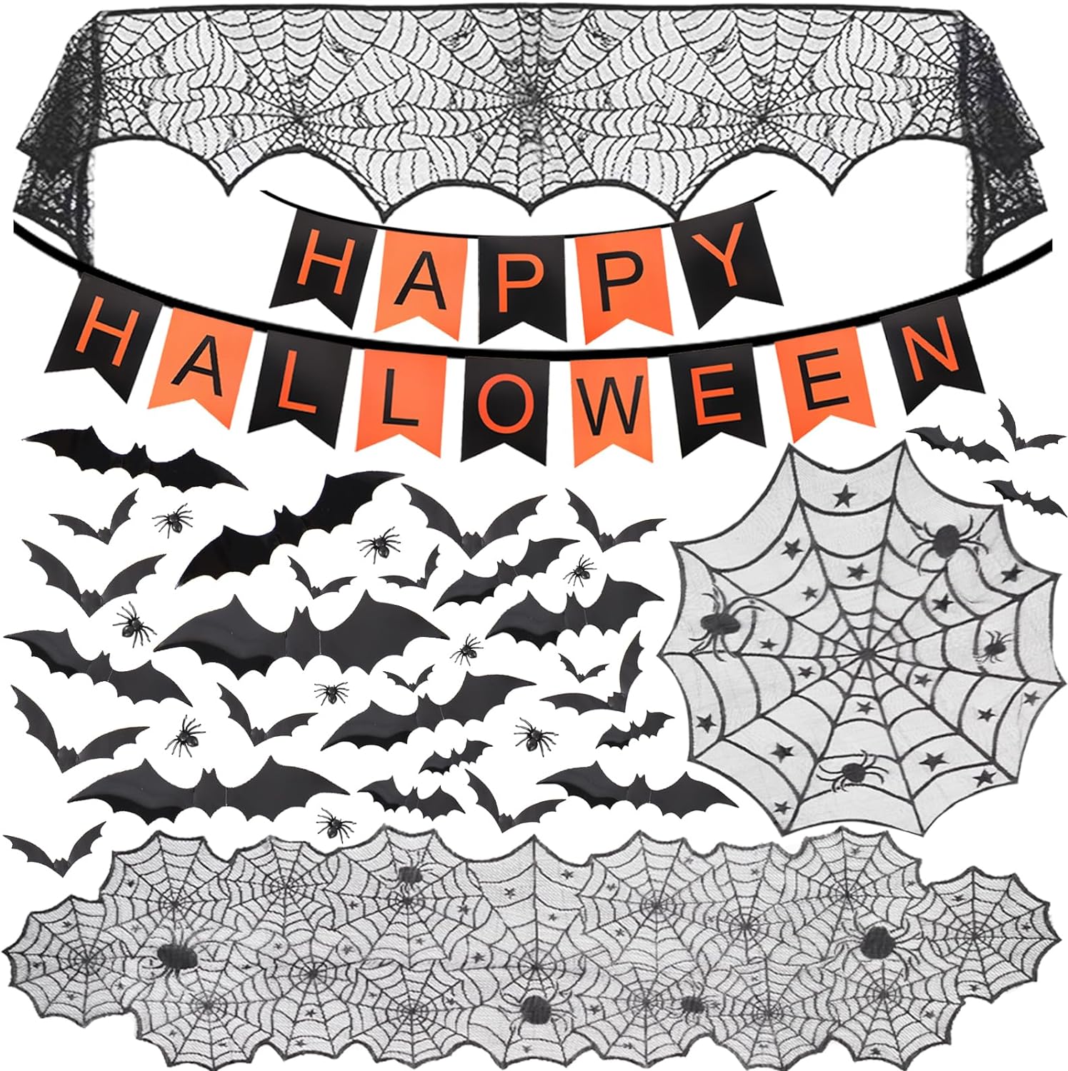 Halloween Decorations Indoor Set, Halloween Fireplace Mantel Scarf  Halloween Banner  Spiderweb Tab Runner  60 Pcs Scary 3D Bat Sticker  30 Pcs Realistic Spiders, Halloween Party Spooky Home Decor