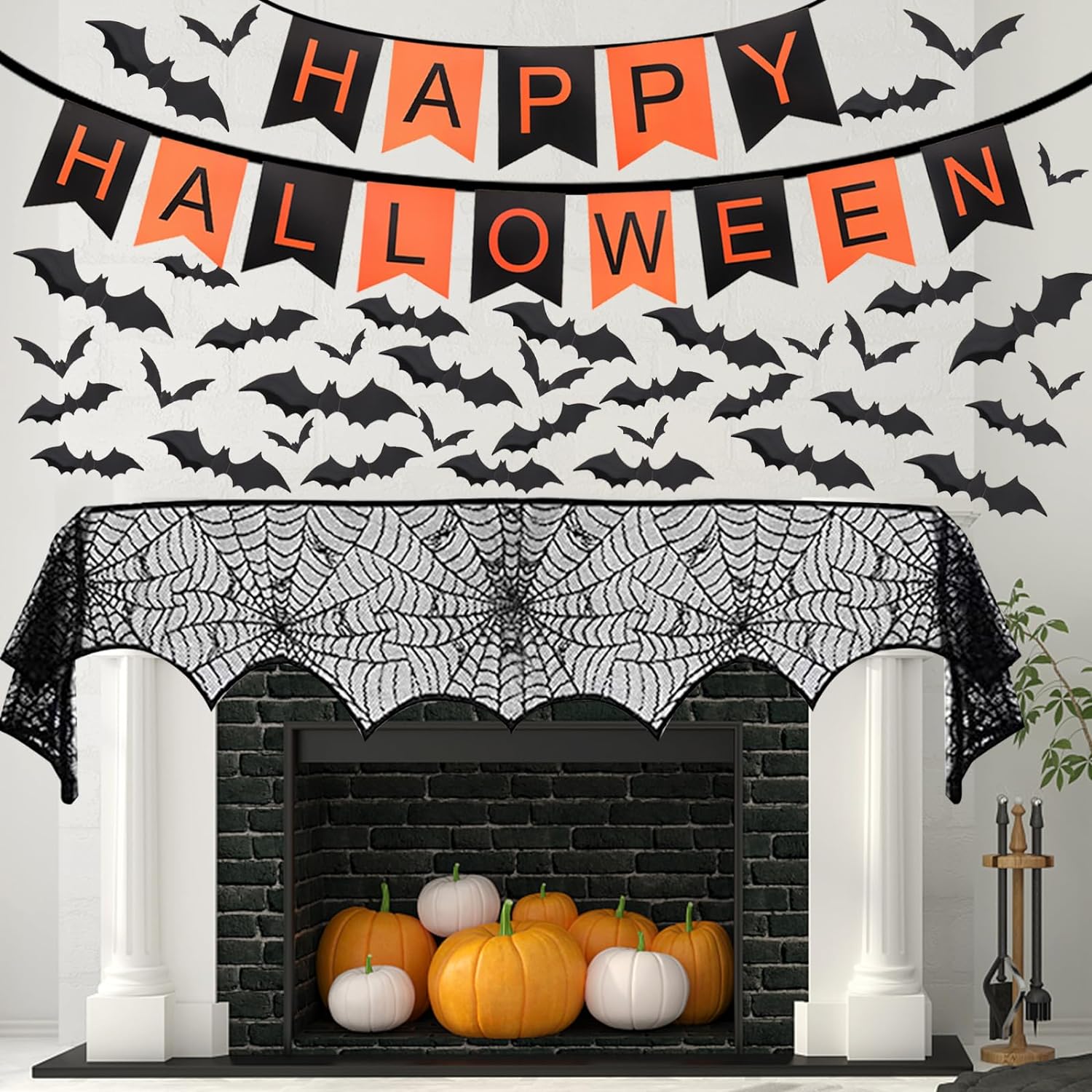 Halloween Decorations Indoor Set, Halloween Fireplace Mantel Scarf  Halloween Banner  Spiderweb Tab Runner  60 Pcs Scary 3D Bat Sticker  30 Pcs Realistic Spiders, Halloween Party Spooky Home Decor