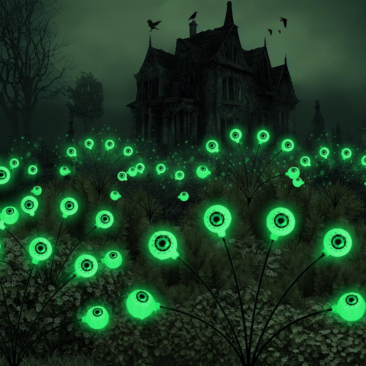 Halloween Decorations Outdoor Solar Scary Eyeball Lights,2PACKS 12LED Green Eyeball Swaying Firefly Lights,Waterproof Solar Halloween Path Lights for Yard/Garden/Lawn/Party Decor,Green