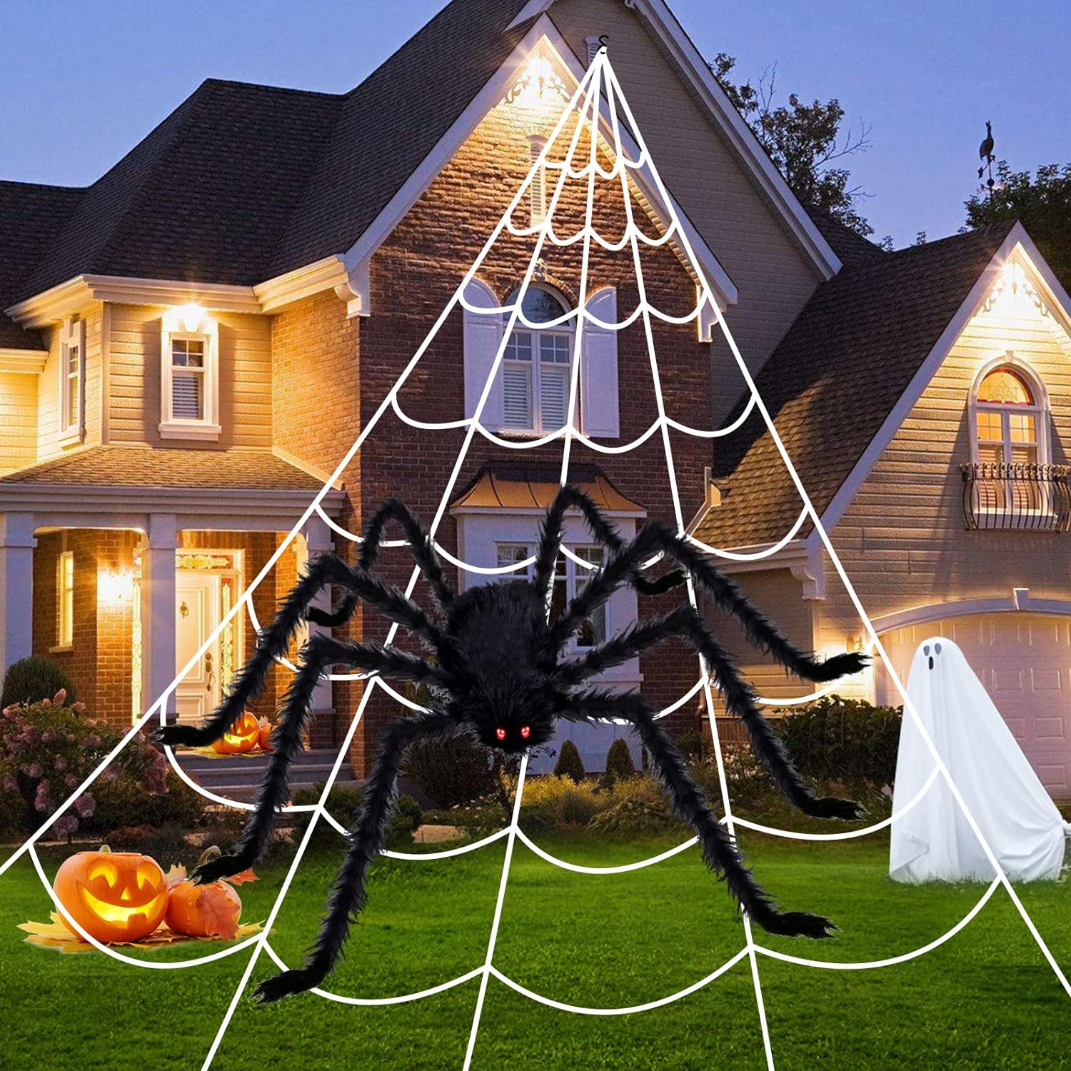 KUCHEY Halloween Decorations Outdoor 200 Triangular Spider Web + 47 Giant Fake Spiders, Halloween Decor Indoor Clearance for Home Outside Yard Costumes Party Haunted House Garden Lawn
