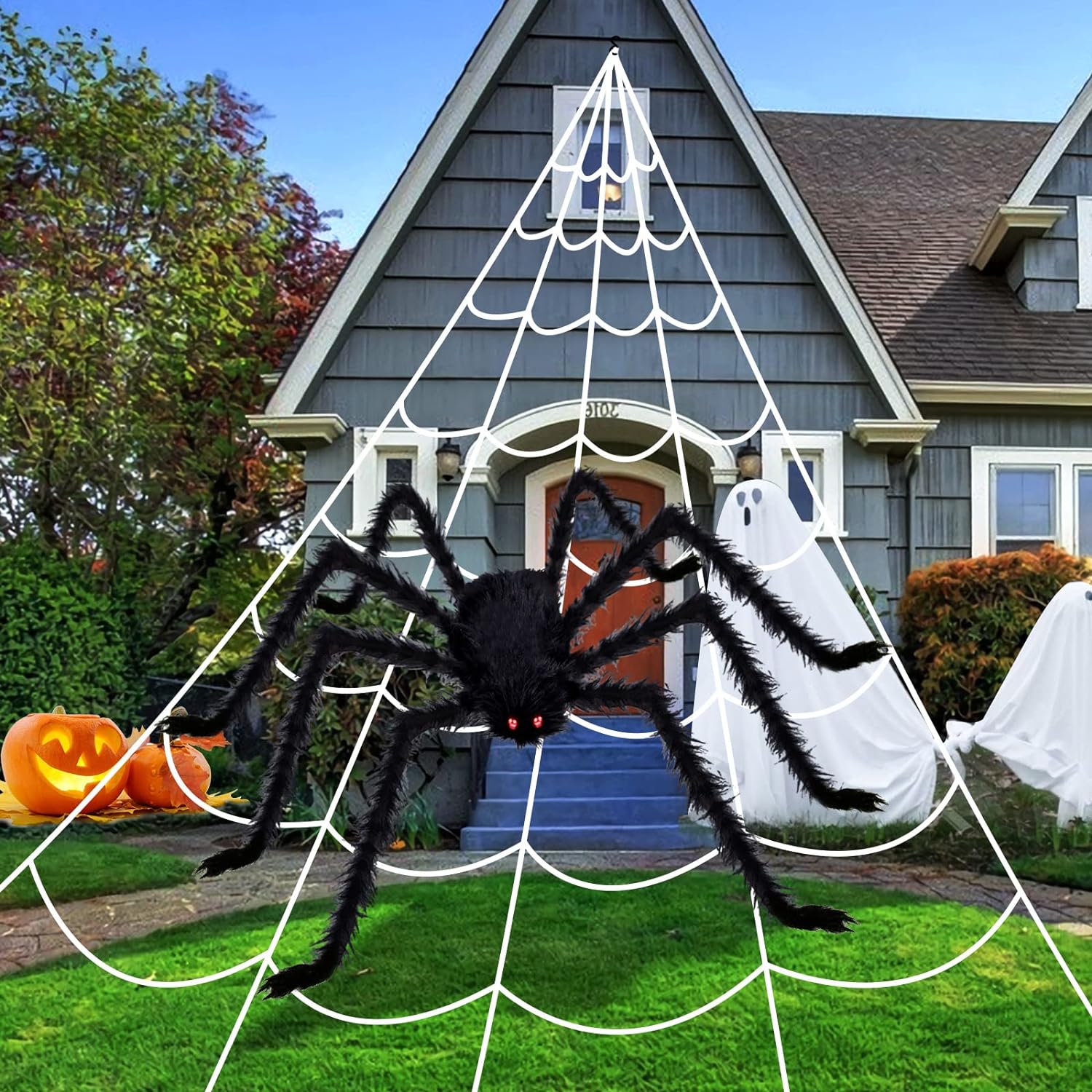 KUCHEY Halloween Decorations Outdoor 200 Triangular Spider Web + 47 Giant Fake Spiders, Halloween Decor Indoor Clearance for Home Outside Yard Costumes Party Haunted House Garden Lawn