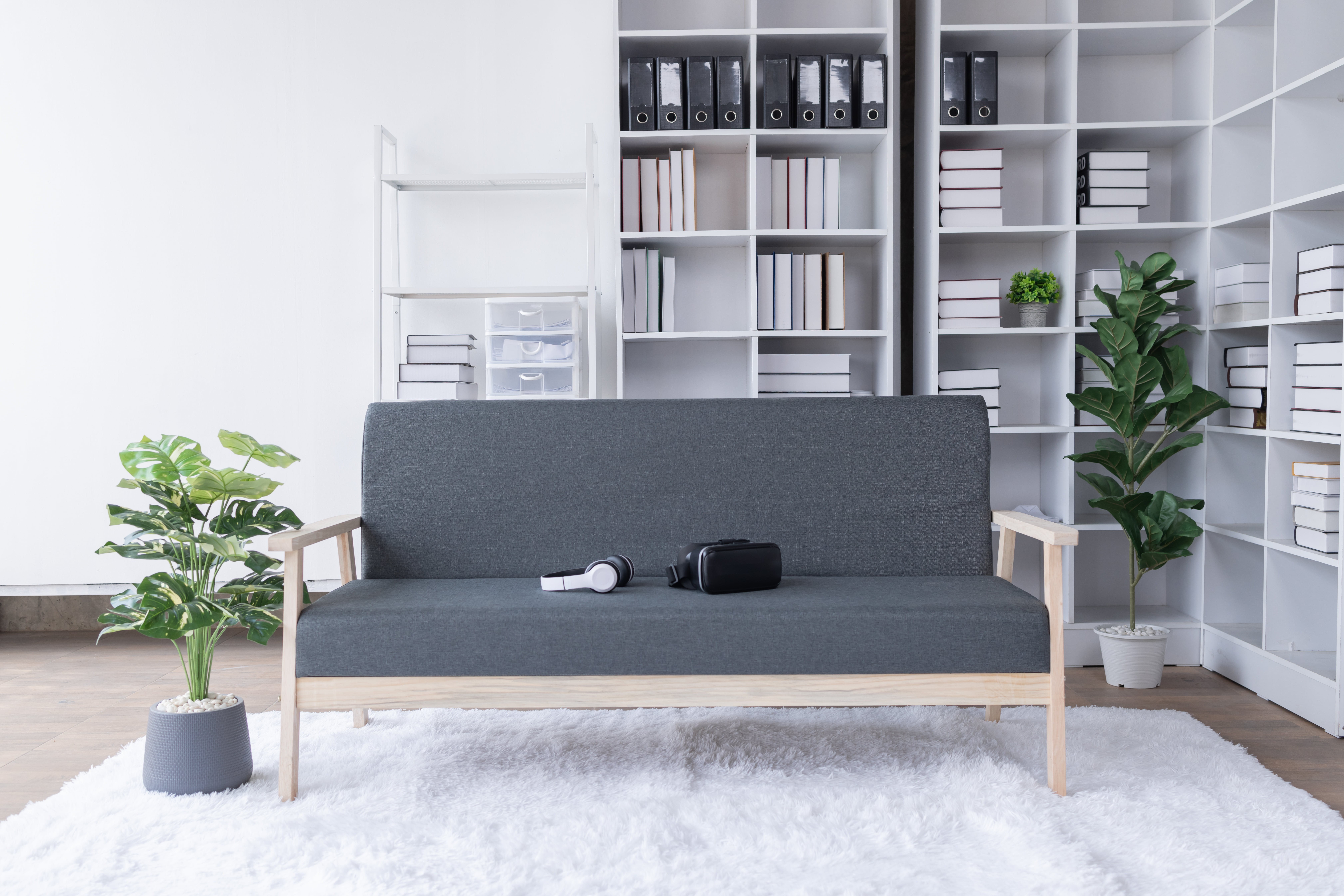 sofa, Poster above white cabinet with plant next to grey sofa in simple living room interior. Real p