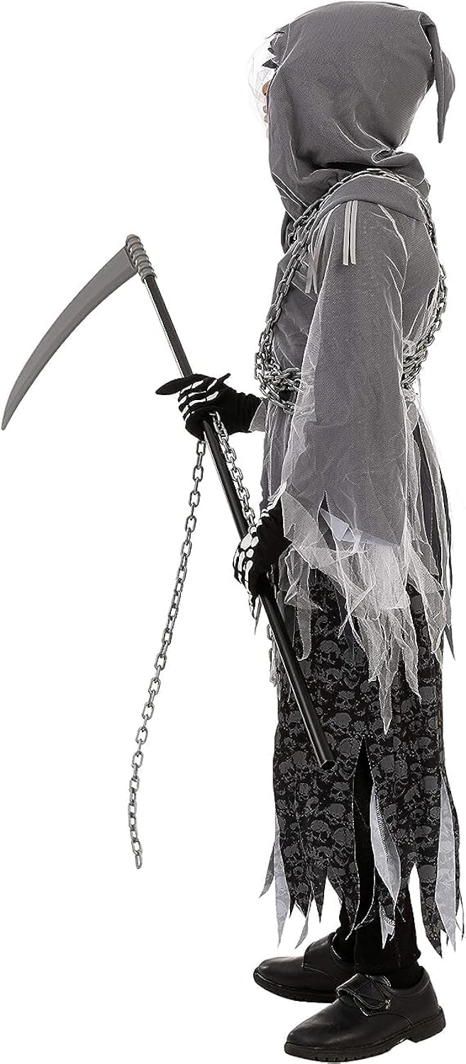 Spooktacular Creations Child Unisex Grim Reaper Costume, Halloween Costume with Glowing Red Eyes for Kids Trick-or-Treating