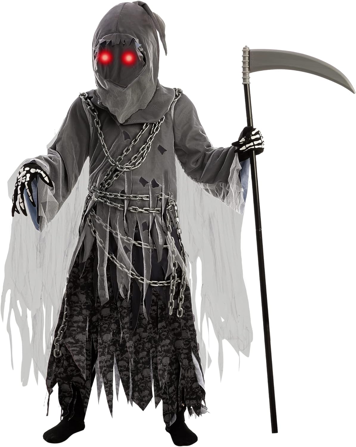 Spooktacular Creations Child Unisex Grim Reaper Costume, Halloween Costume with Glowing Red Eyes for Kids Trick-or-Treating
