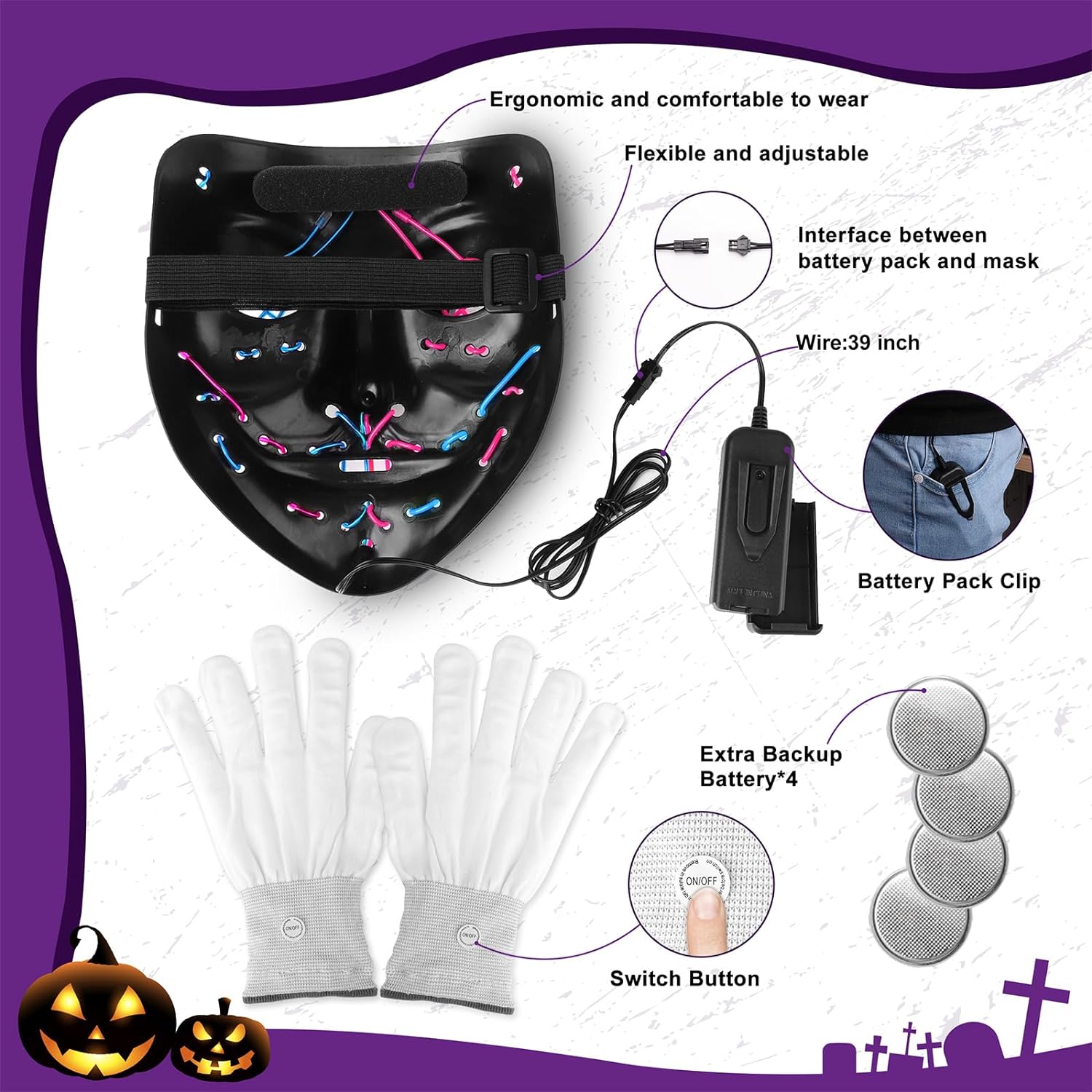 STONCH Halloween Mask Skeleton Gloves Set, 3 Modes Light Up Scary LED Mask with LED Glow Gloves, Halloween Decorations Anonymous Carnival Masks, Halloween Costumes glow purge Masks ​Gift for Boys Girl