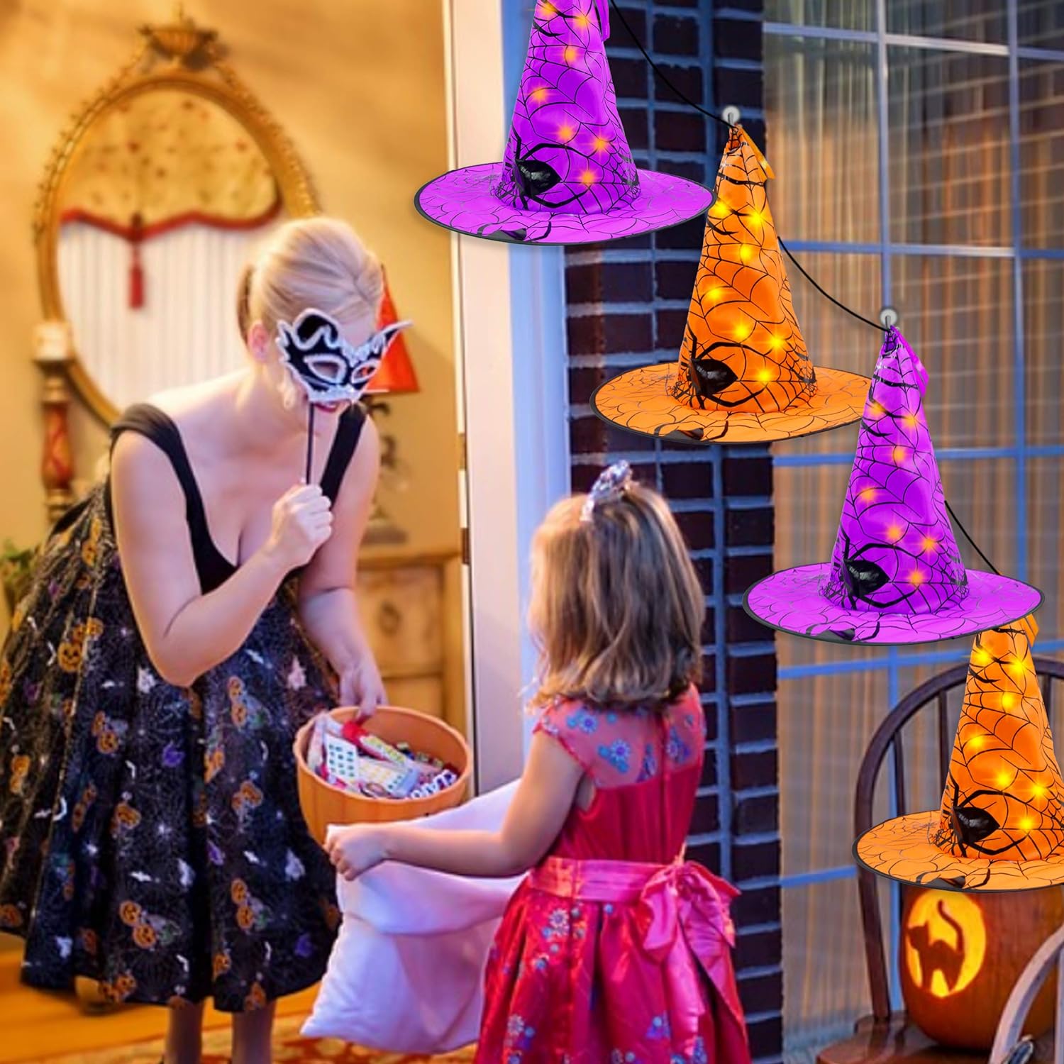 Twinkle Star Halloween Decorations 8 Pcs Lighted Hanging Witch Hats, 14ft 56 LEDs Halloween Indoor Outdoor Remote Control String Lights, Battery Powered with 8 Lighting Modes for Garden, Yard, Tree