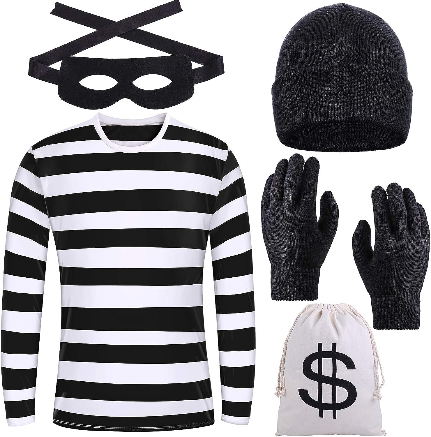 URATOT Halloween Robber Costume Set, Include Striped Long Sleeve T-Shirt Knit Cap Gloves Canvas Bags and Eye Mask