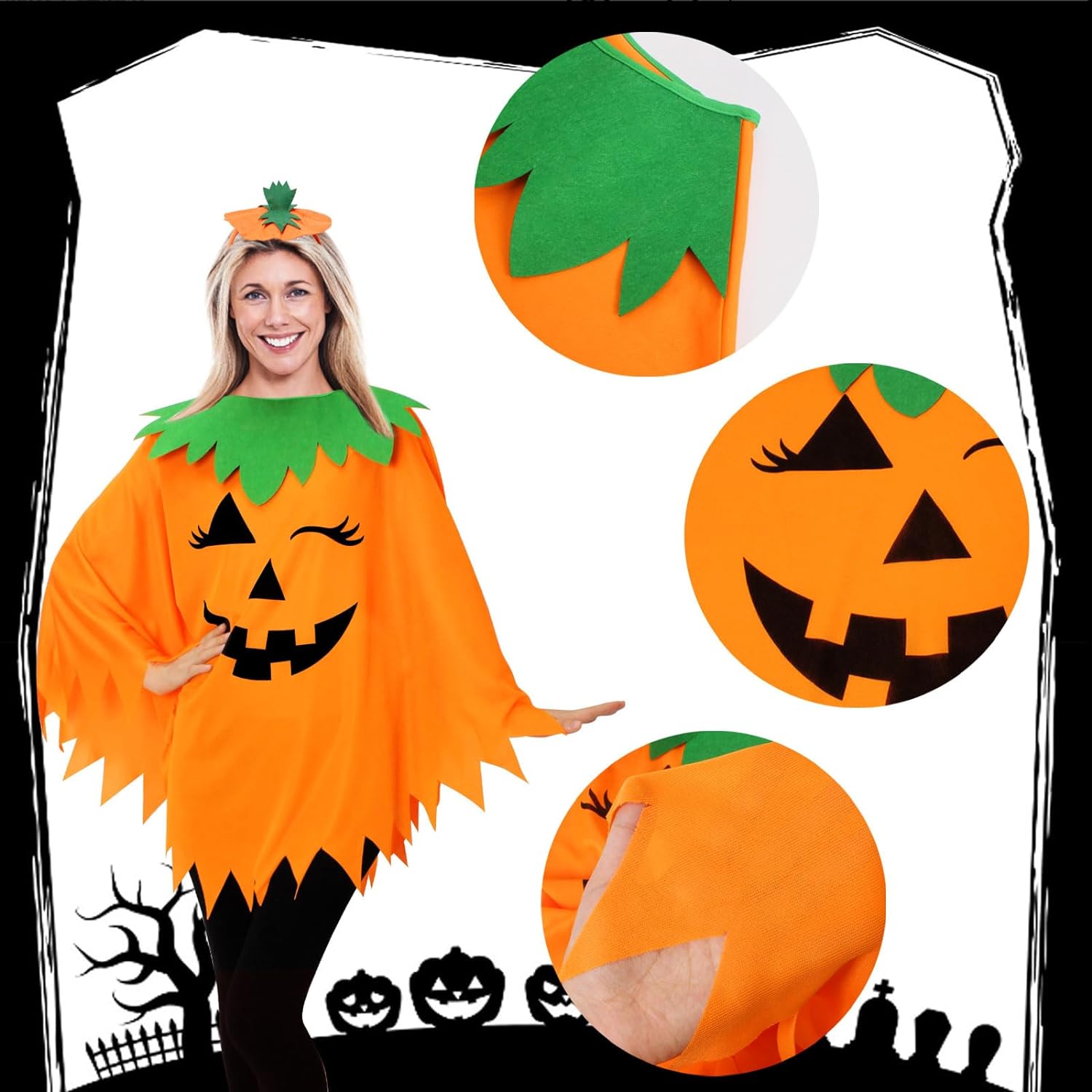 WISHTEN 3PCS Halloween Pumpkin Costume for Women,Pumpkin Poncho for Adults with Headband  Bag,Halloween Costume for Women