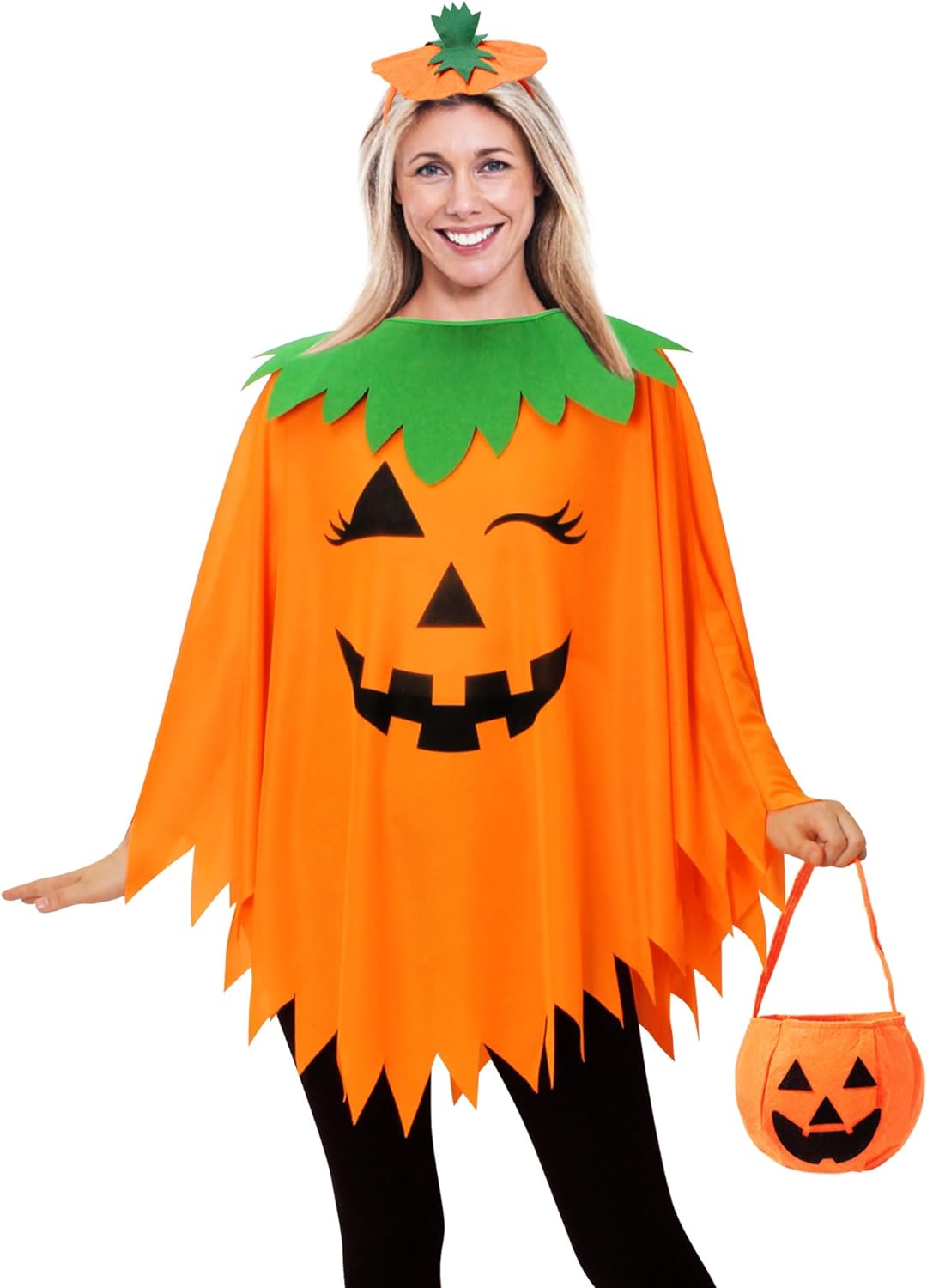 WISHTEN 3PCS Halloween Pumpkin Costume for Women,Pumpkin Poncho for Adults with Headband  Bag,Halloween Costume for Women