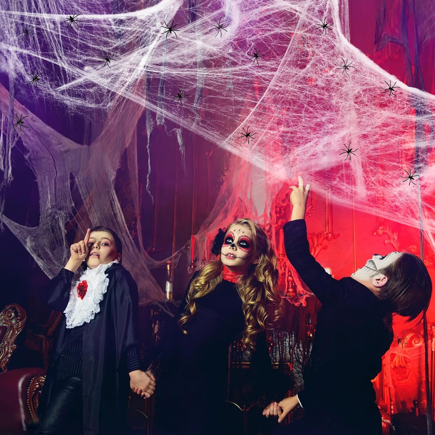 Xgunion Halloween Decorations 1200 Sqft Spider Webs Decorations Halloween Spider Web with 100 Extra Fake Spiders Super Stretchy Spider Webs for Halloween Decor Indoor and Outdoor Party Supplies