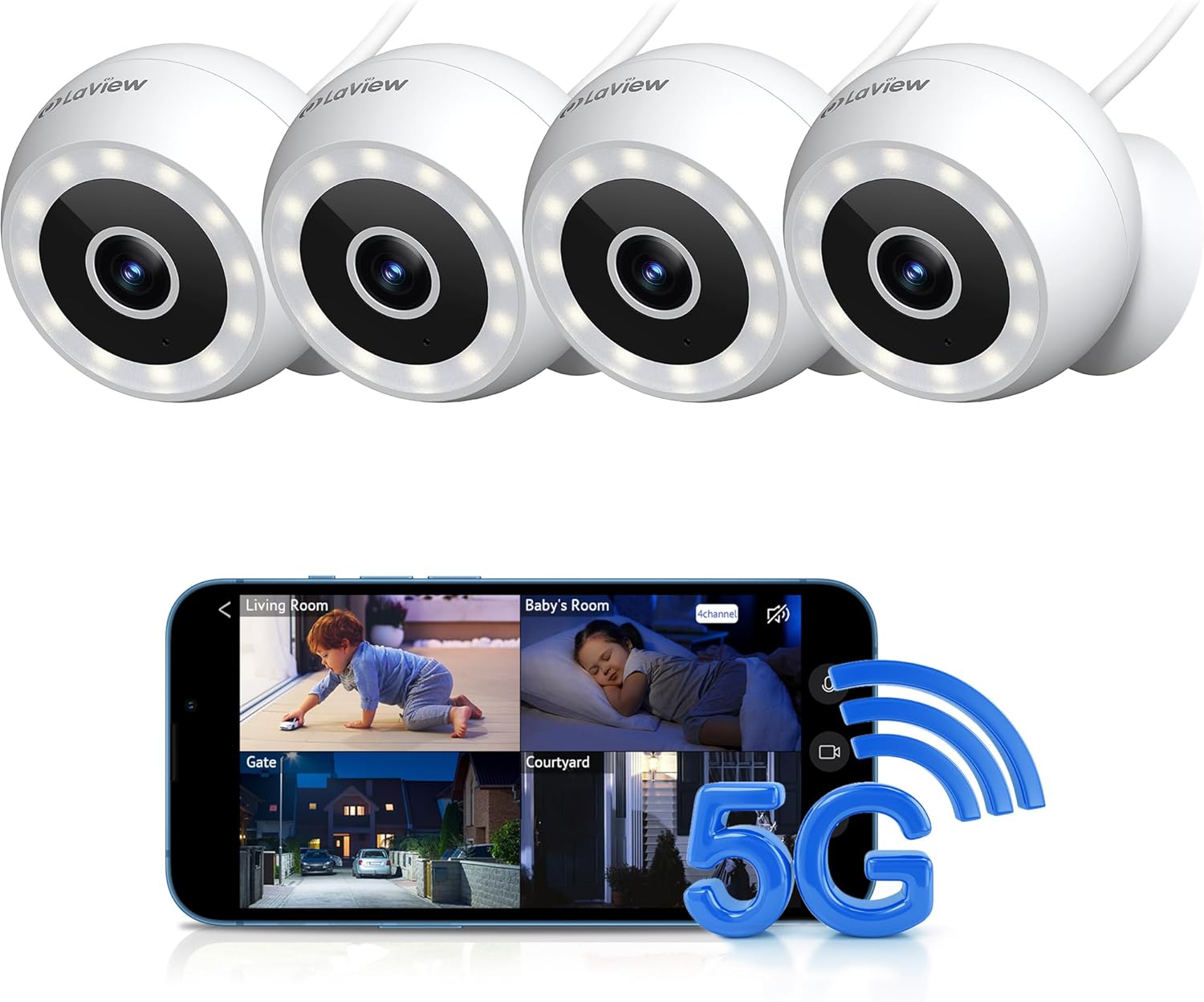 LaView 4MP Security Cameras Outdoor Indoor 4pc,2K Wired Cameras for Home Security with Starlight Color Night Vision,IP65 Spotlight Camera 2.4G,2-Way Audio,AI Human Detection,Works with Alexa