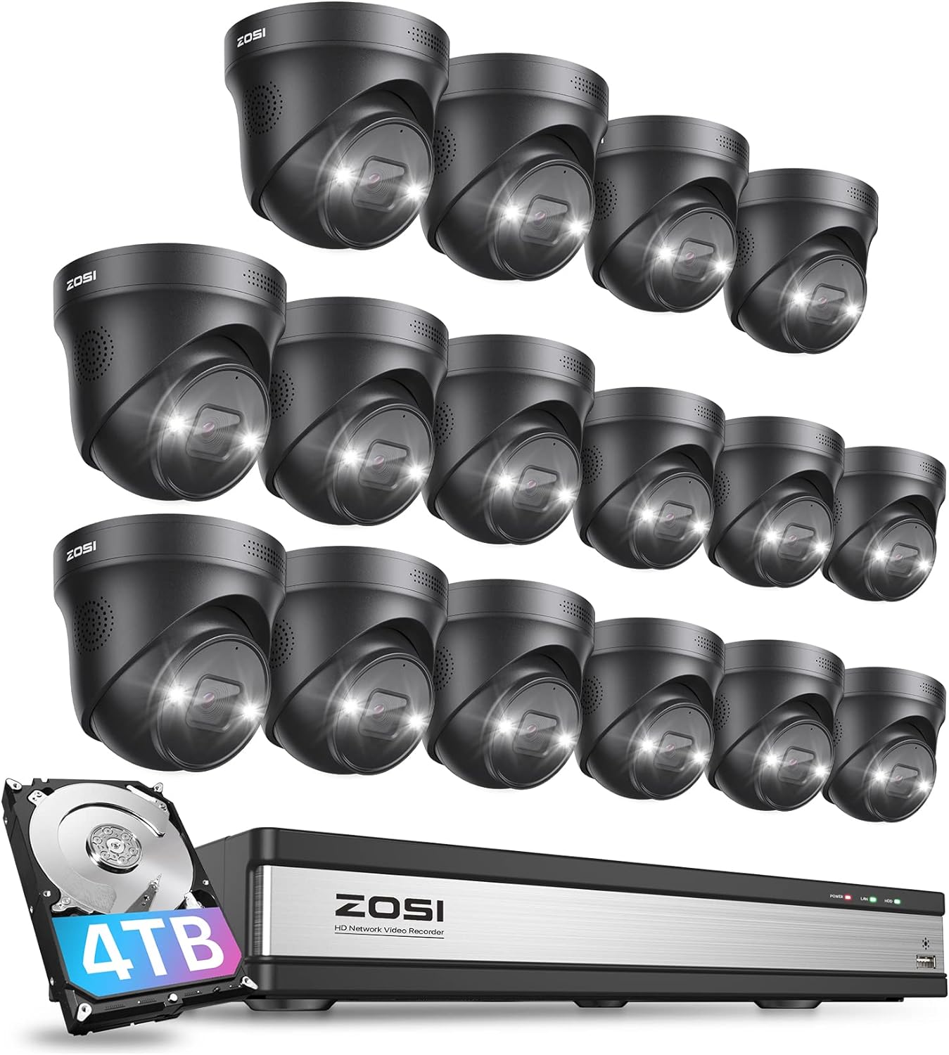 ZOSI 16CH 4K Spotlight PoE Security Camera System with Person Vehicle Detection,16pcs 4K Outdoor PoE IP Cameras,8MP 16CH NVR with 4TB HDD,2-Way Audio and Siren,Night Vision,for 24/7 Recording : Electronics