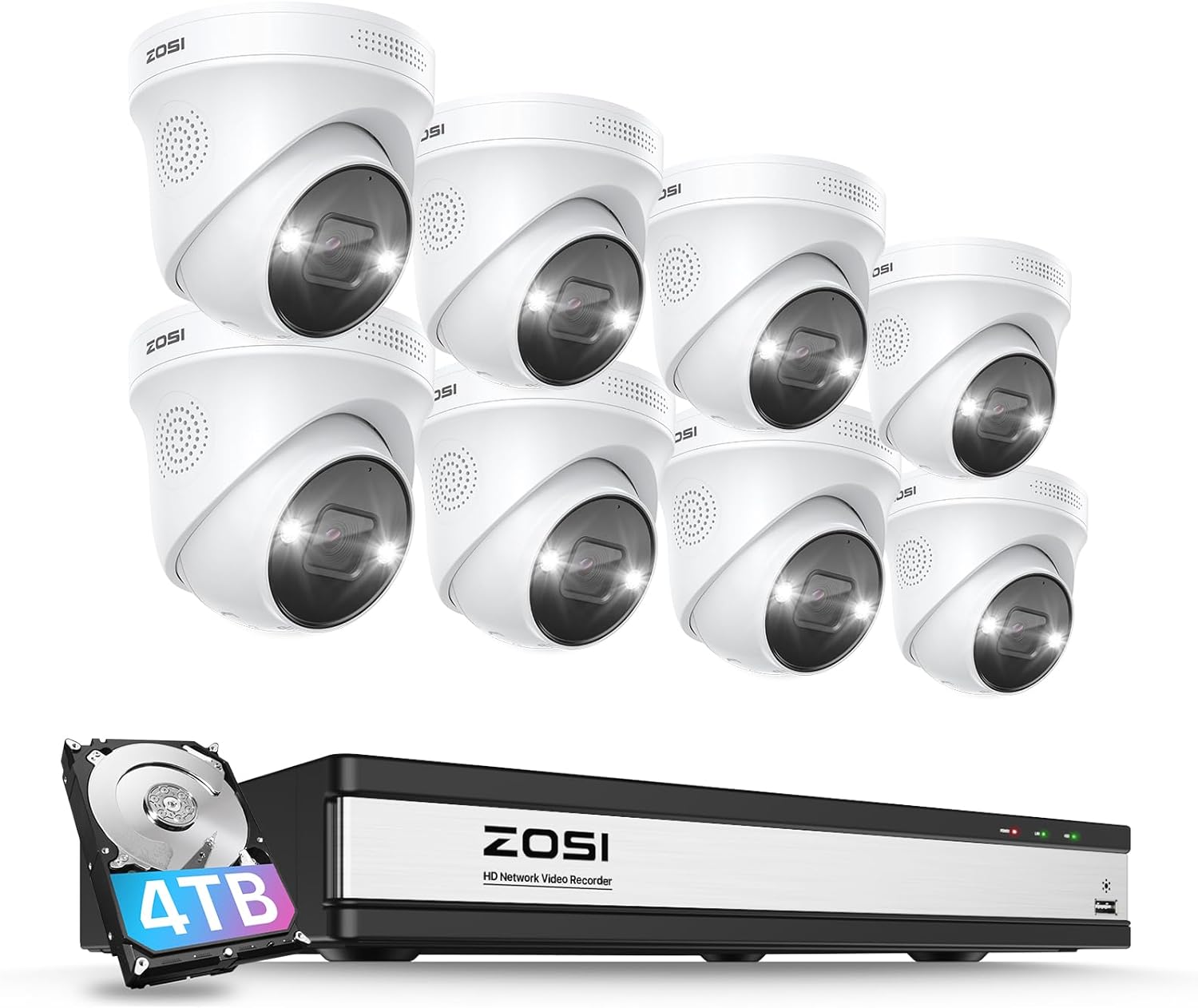 ZOSI 16CH 4K Spotlight PoE Security Camera System,8pcs 4K Outdoor Indoor PoE IP Cameras,Person Vehicle Detection,2 Way Audio and Siren,Night Vision,8MP 16Channel NVR with 4TB HDD for 24/7 Recording